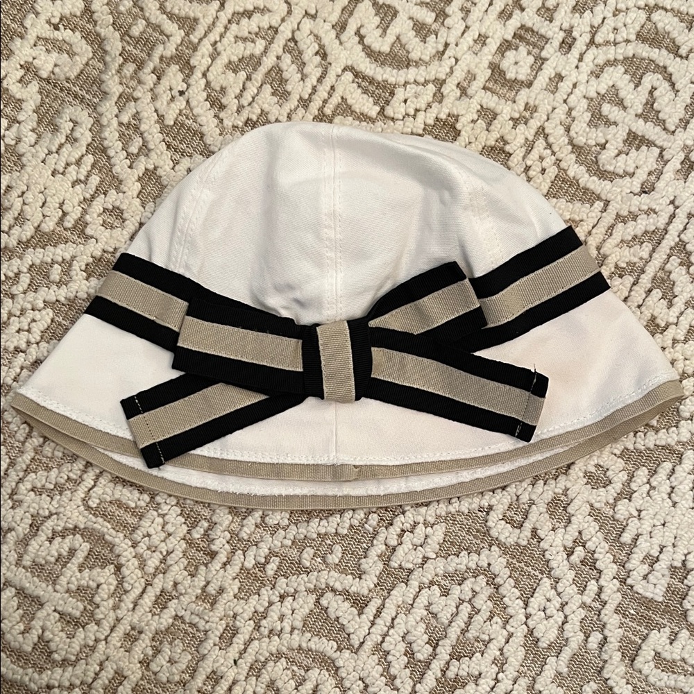 White Bucket Hat with Black and Taupe Ribbon Bow